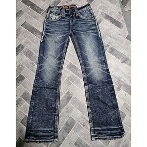 New Rock Revival Sami Slim Boot Stretch Blue Denim Jeans Men’s 27x31 Pocket Logo